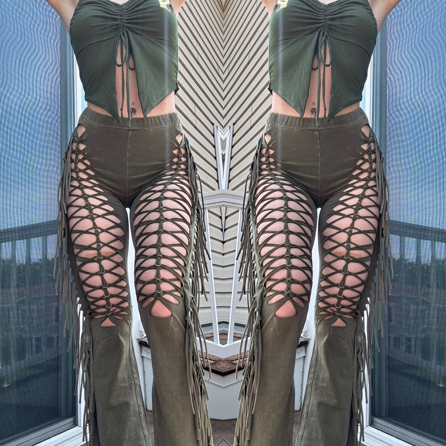 BRAIDED FRINGE FLARE PANTS