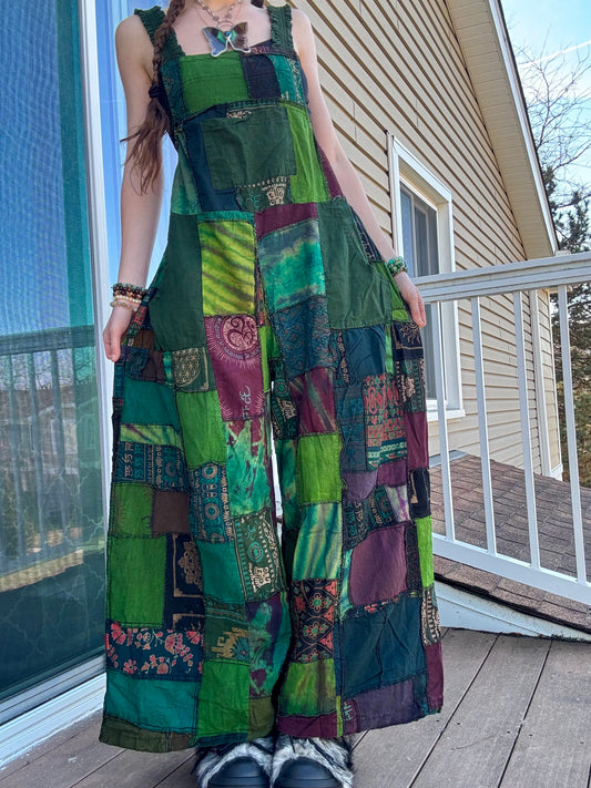 GREEN TIE DYE PATCHWORK HIPPIE OVERALLS