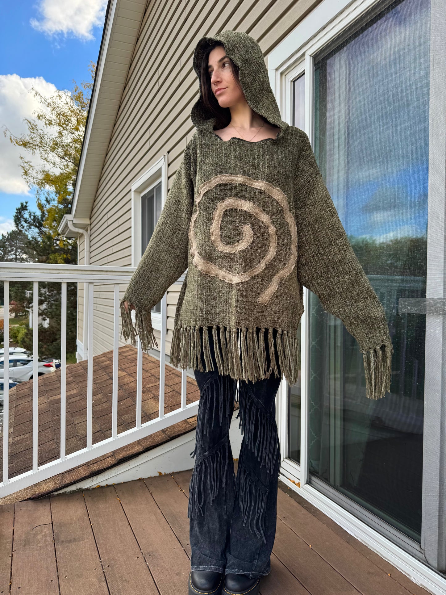 GREEN KNITTED UPCYCLED SWIRL HOODIE