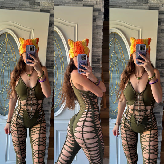 OLIVE SLITWEAVE JUMPSUIT