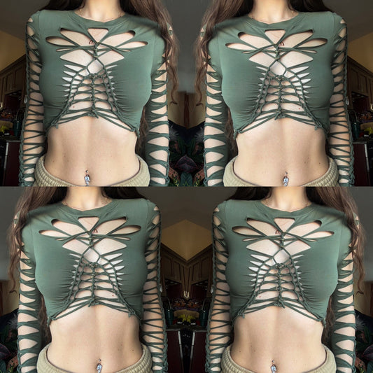 OLIVE BRAIDED LONG SLEEVE TOP