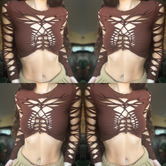 CHOCOLATE BROWN SLITWEAVE LONG SLEEVE TOP