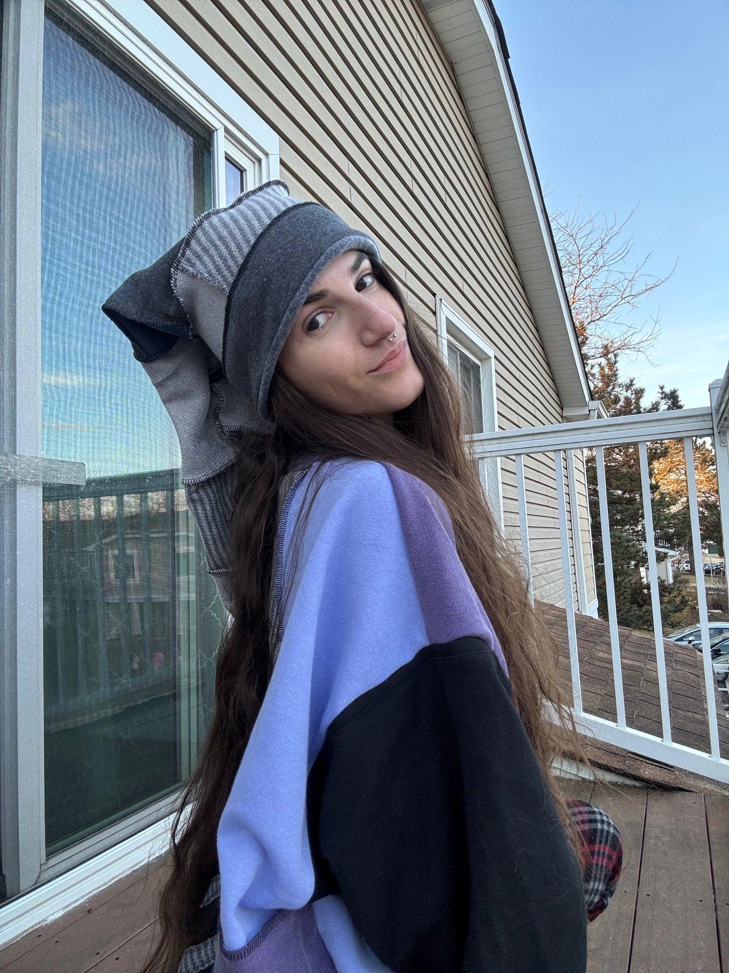 GREYSCALE UPCYCLED PIXIE CAT HAT