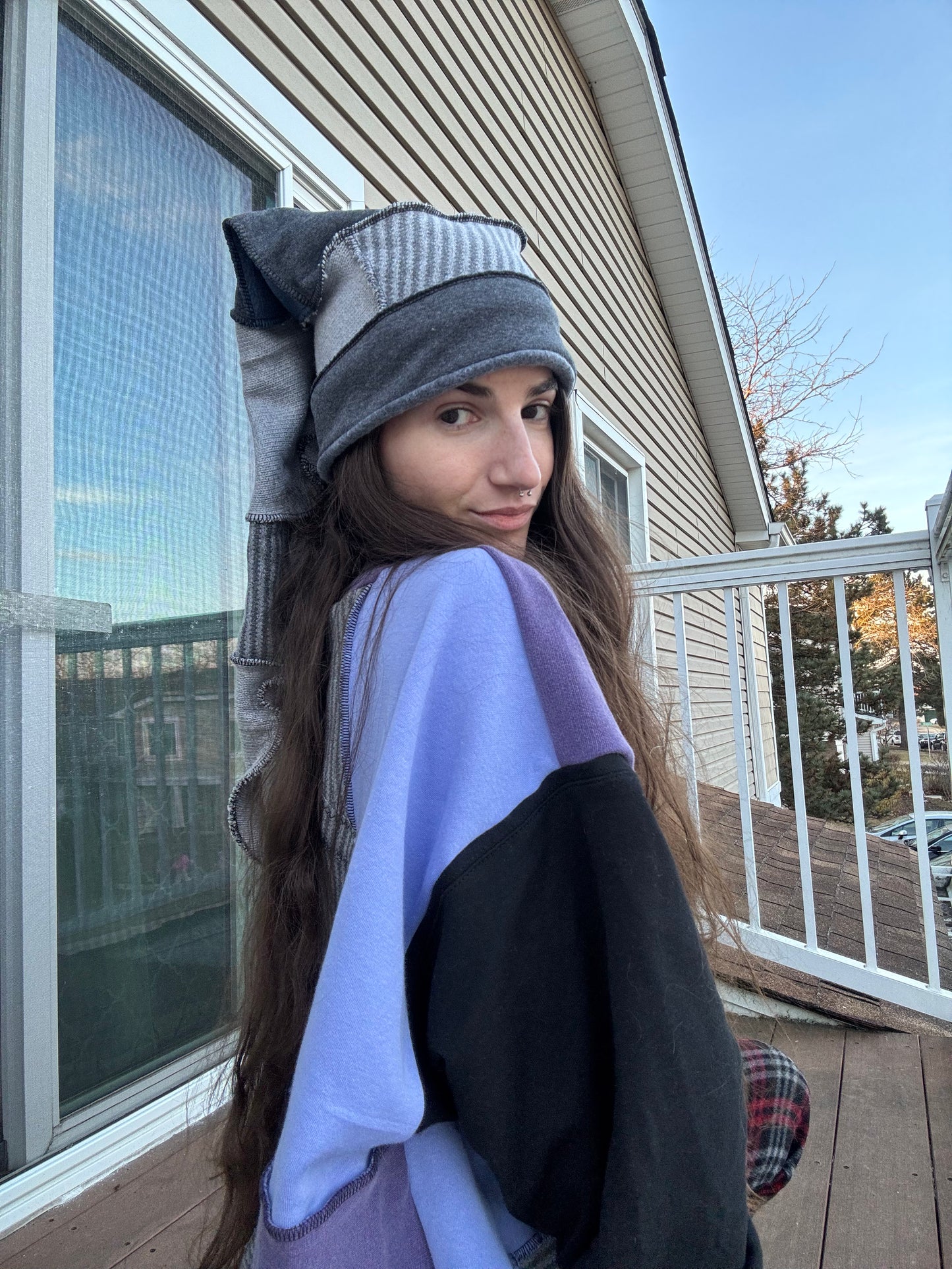 GREYSCALE UPCYCLED PIXIE CAT HAT