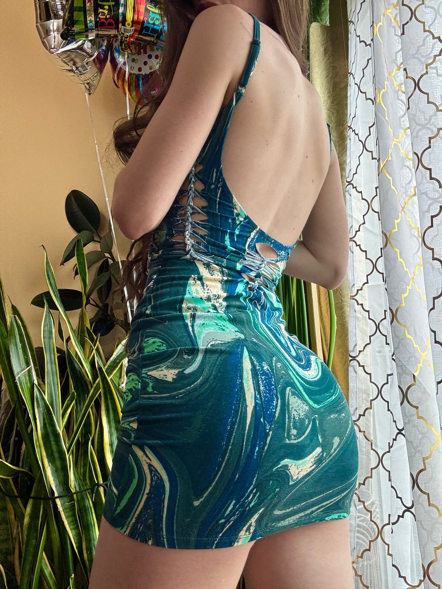 GREEN MARBLE BRAIDED MINI DRESS