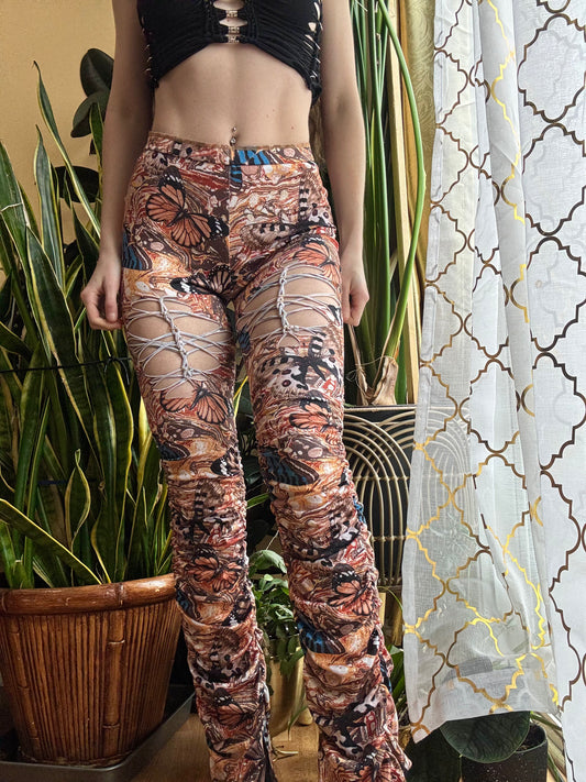 BUTTERFLY PRINT BRAIDED FLARE PANTS