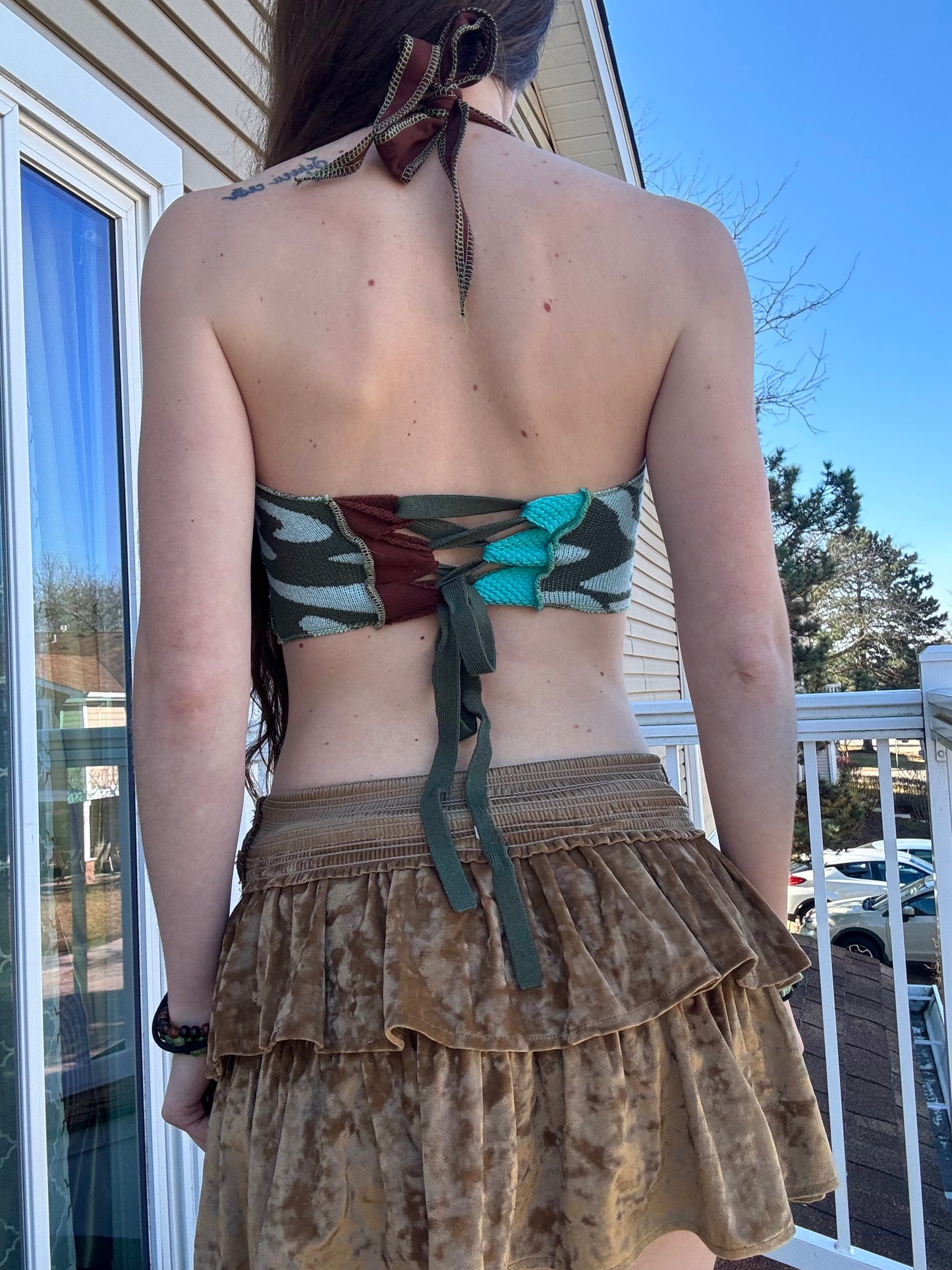 UPCYCLED LACE UP HALTER TOP