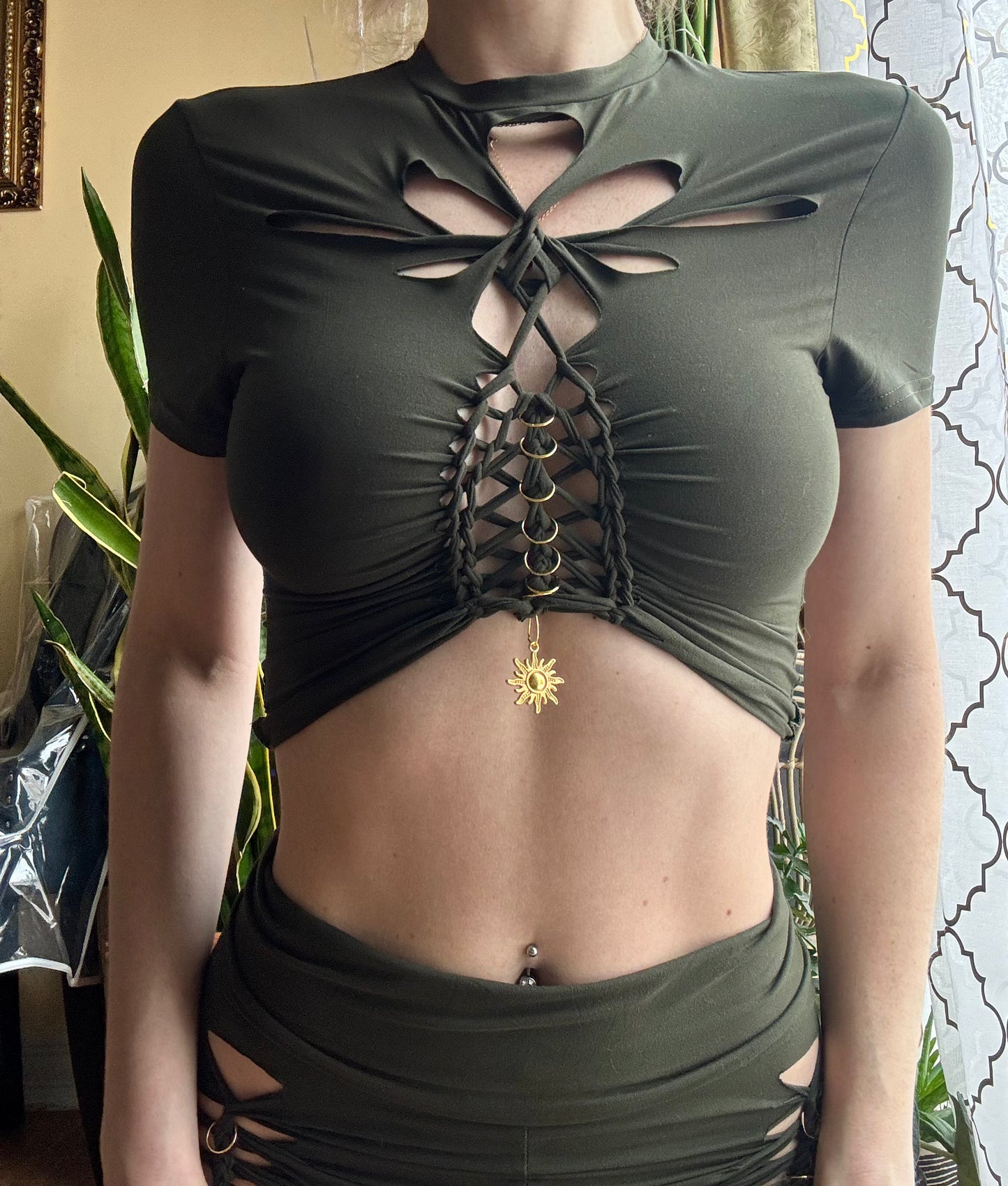 DARK OLIVE TWO PIECE SET - CROP TEE + FLARE PANTS