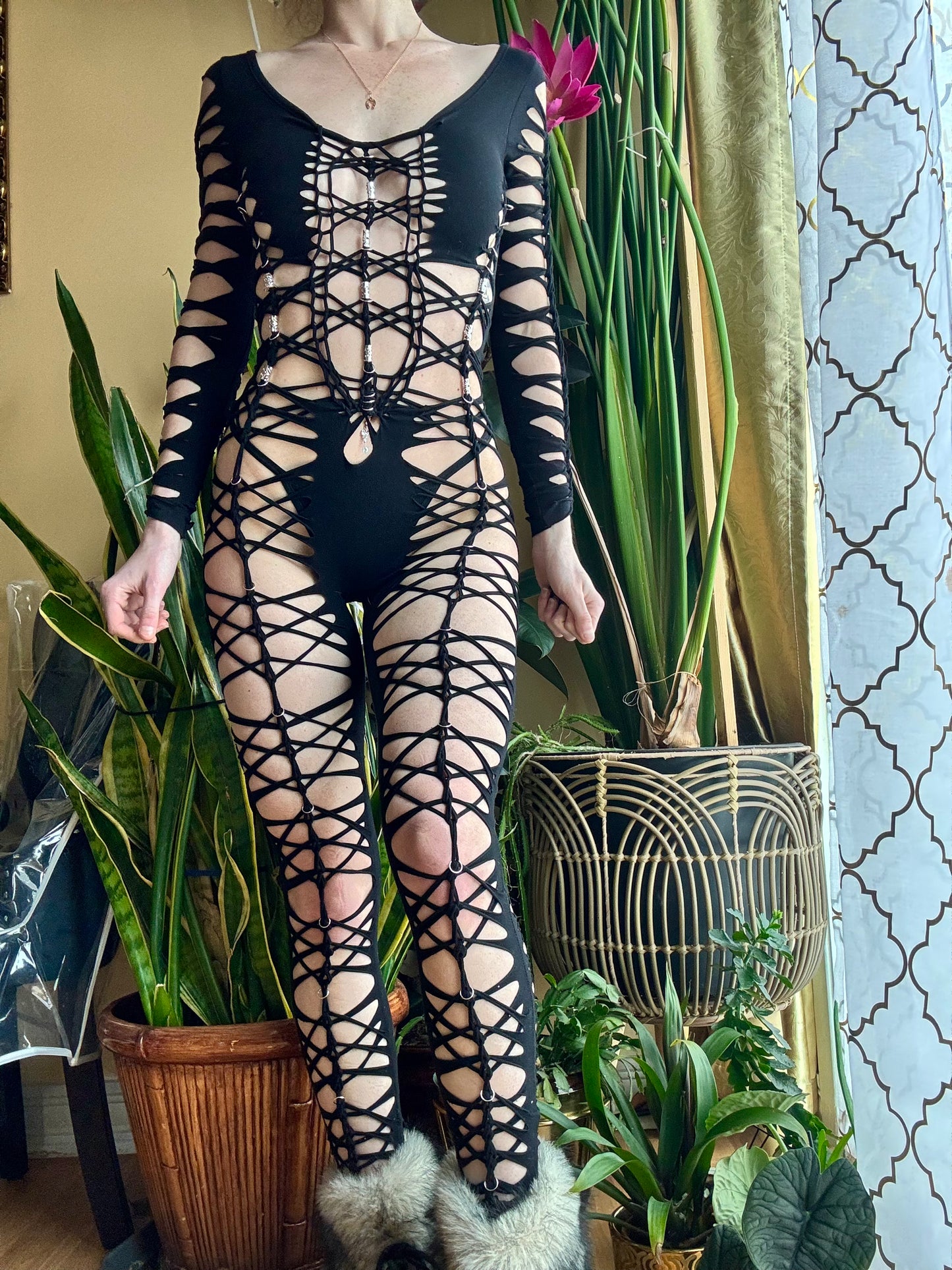 BLACK LONG SLEEVE BRAIDED JUMPSUIT