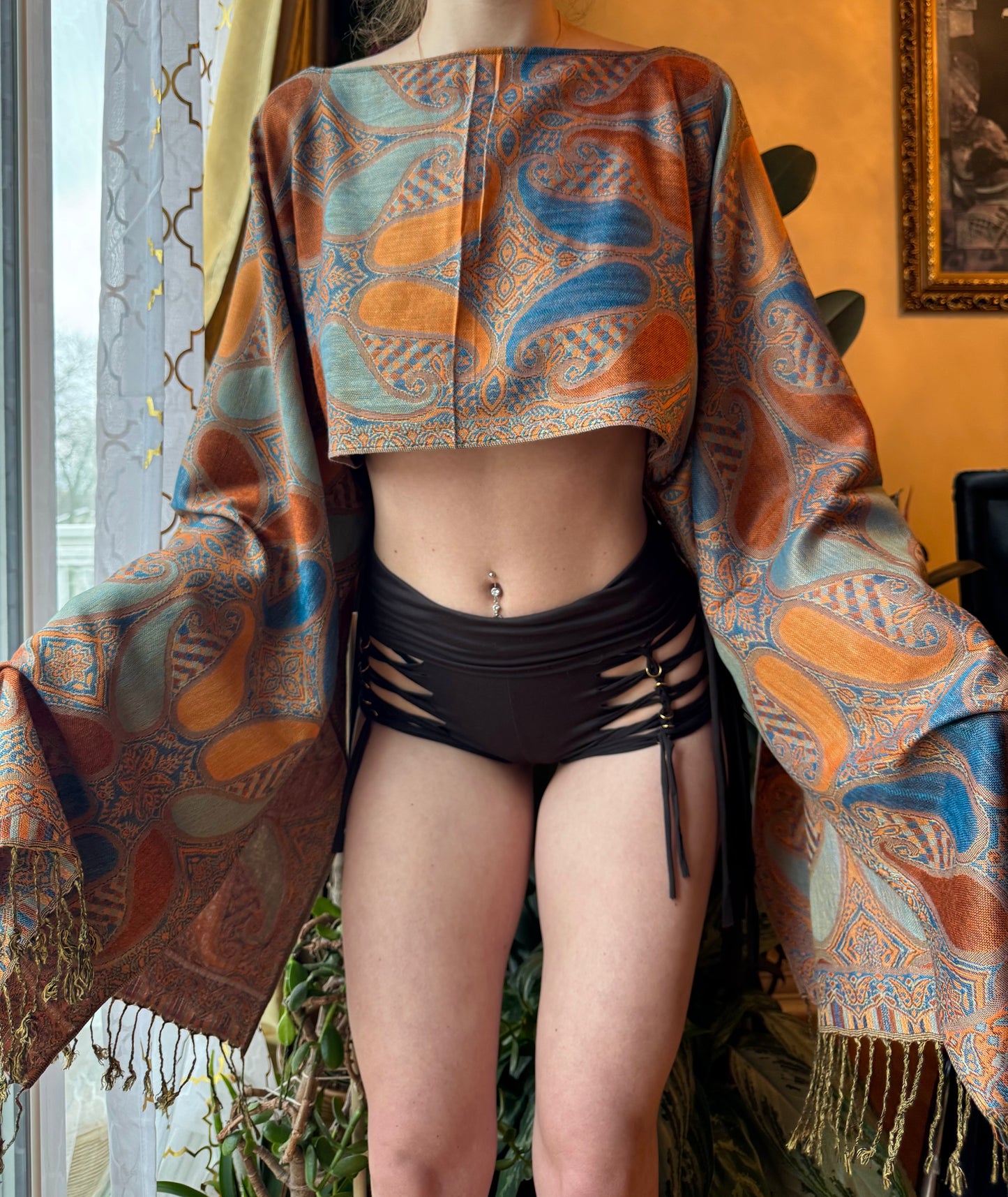 ORANGE/BLUE PASHMINA TOP