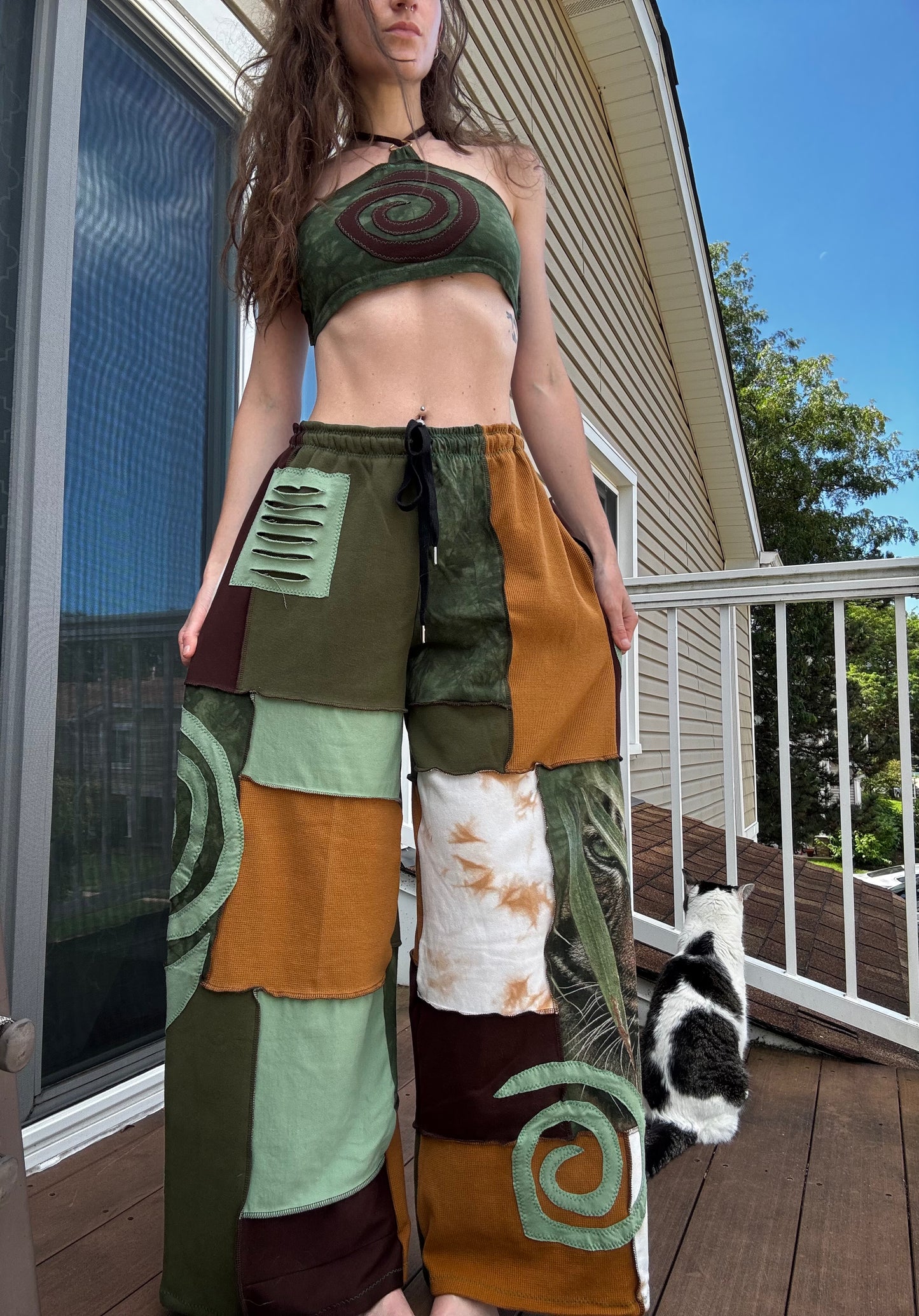 JUNGLE KITTY PATCHWORK PANTS SET - 3 piece earthy tone set