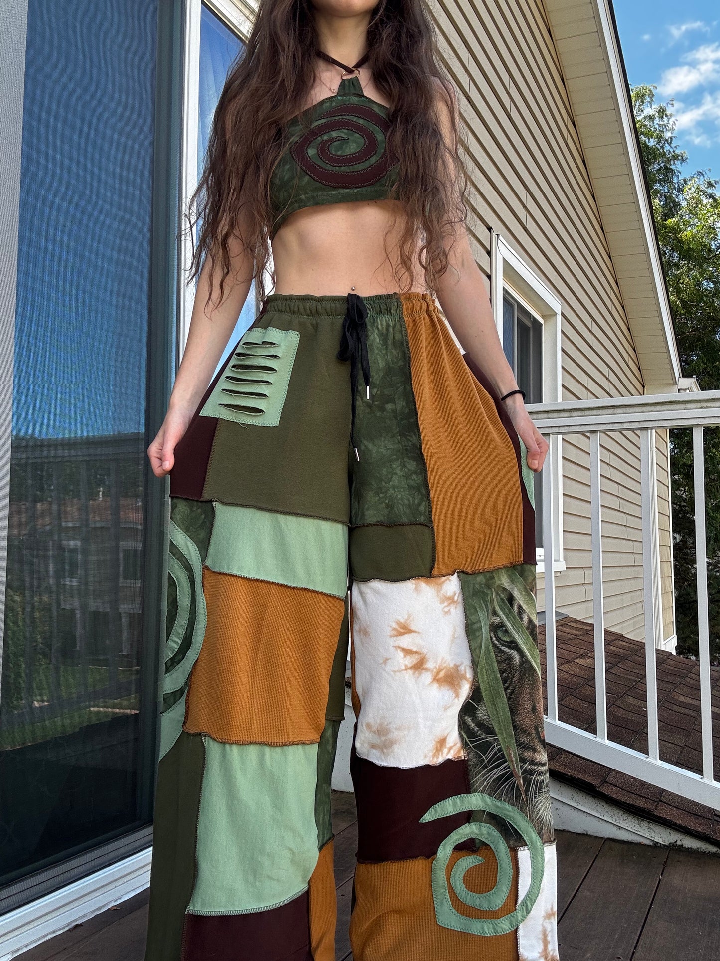 JUNGLE KITTY PATCHWORK PANTS SET - 3 piece earthy tone set