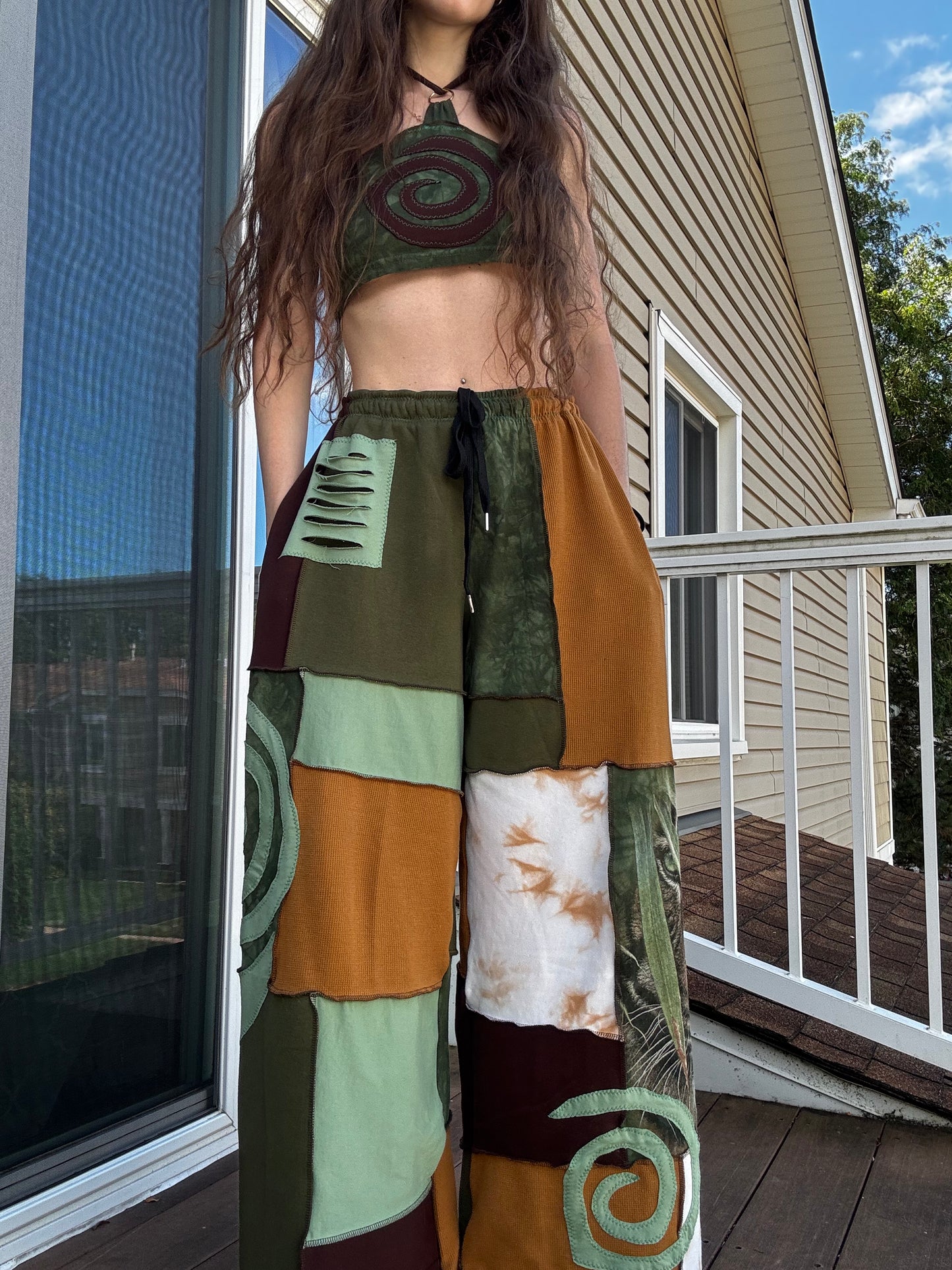 JUNGLE KITTY PATCHWORK PANTS SET - 3 piece earthy tone set
