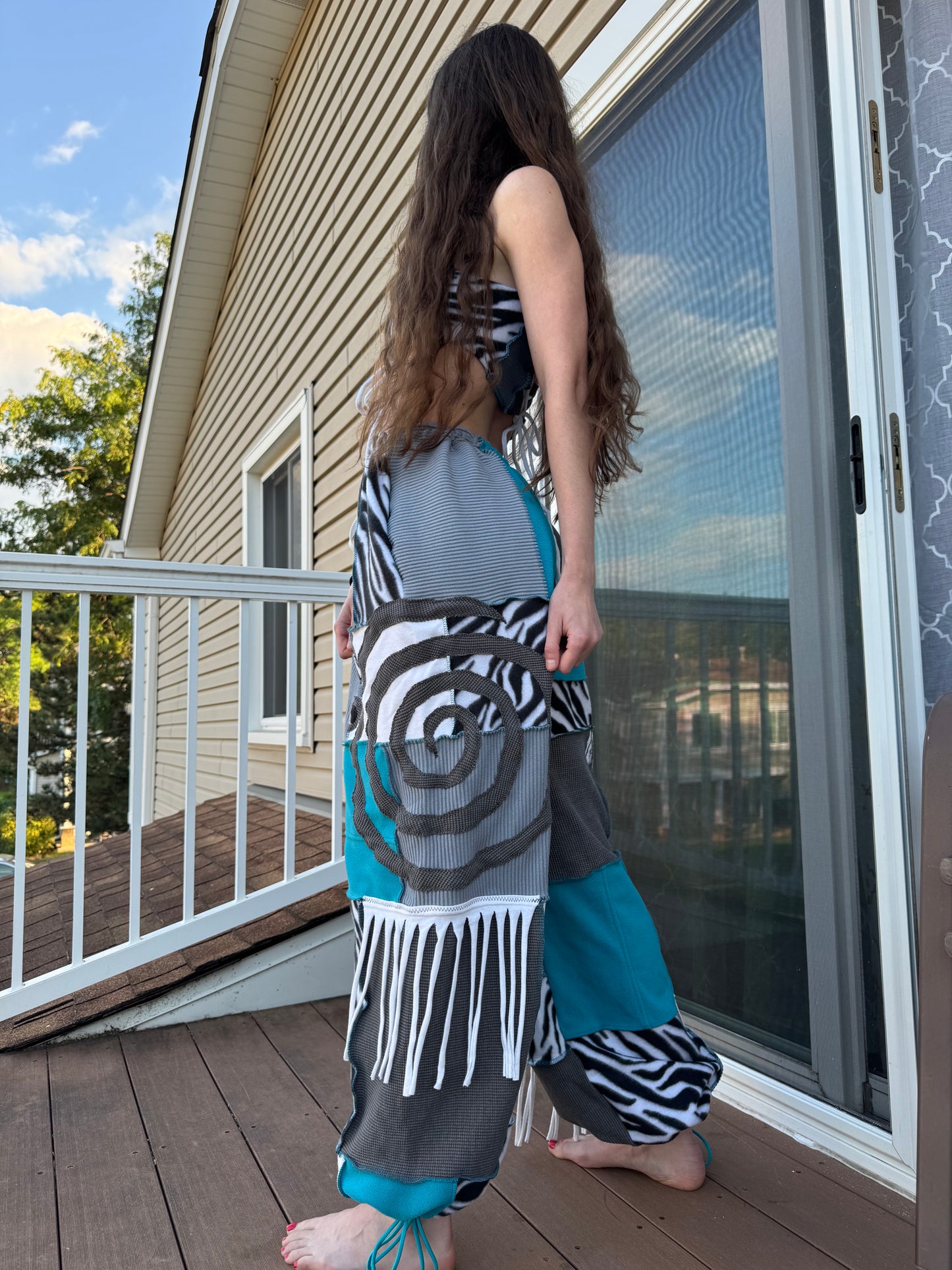 SNOW KITTY PATCHWORK PANTS SET - 2 piece fringe snow tiger set