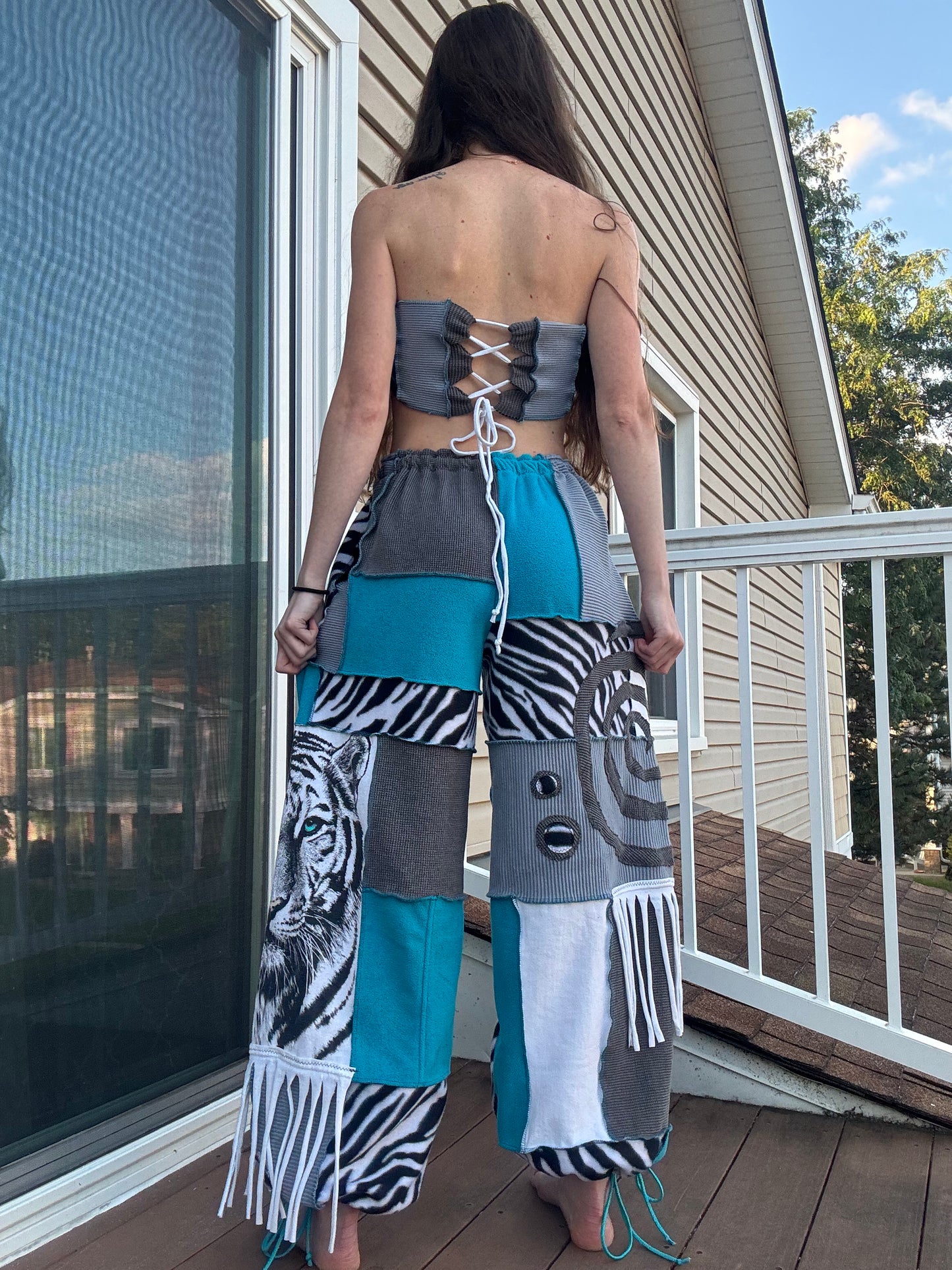 SNOW KITTY PATCHWORK PANTS SET - 2 piece fringe snow tiger set
