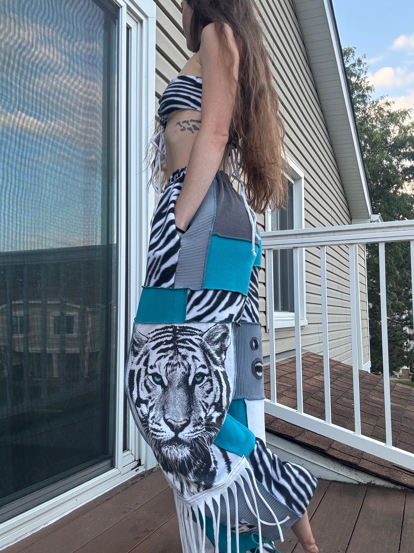 SNOW KITTY PATCHWORK PANTS SET - 2 piece fringe snow tiger set
