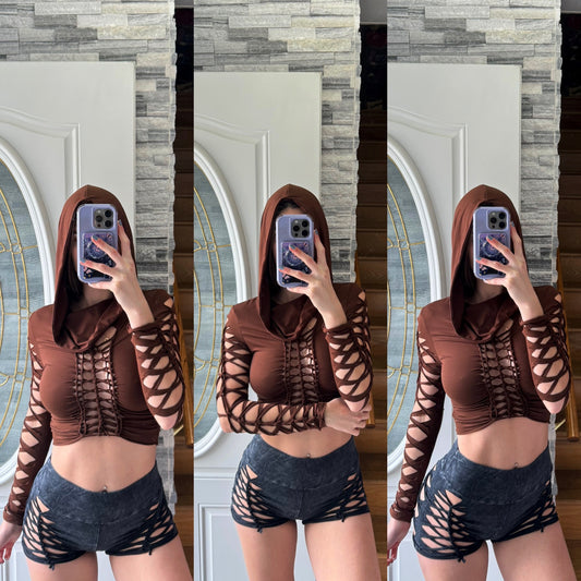 DARK BROWN HOODED TOP