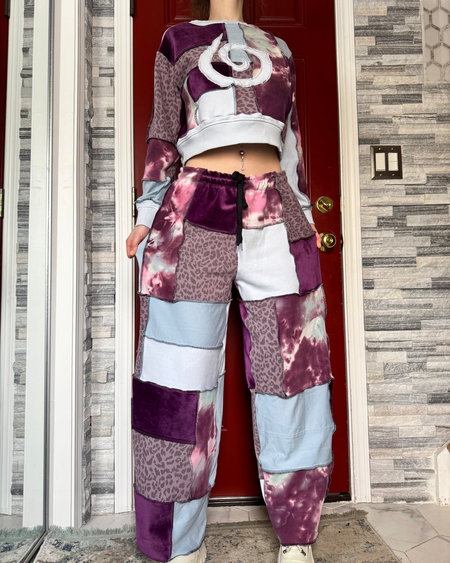 UPCYCLED SET - PATCHWORK CROP CREWNECK & PANTS SET