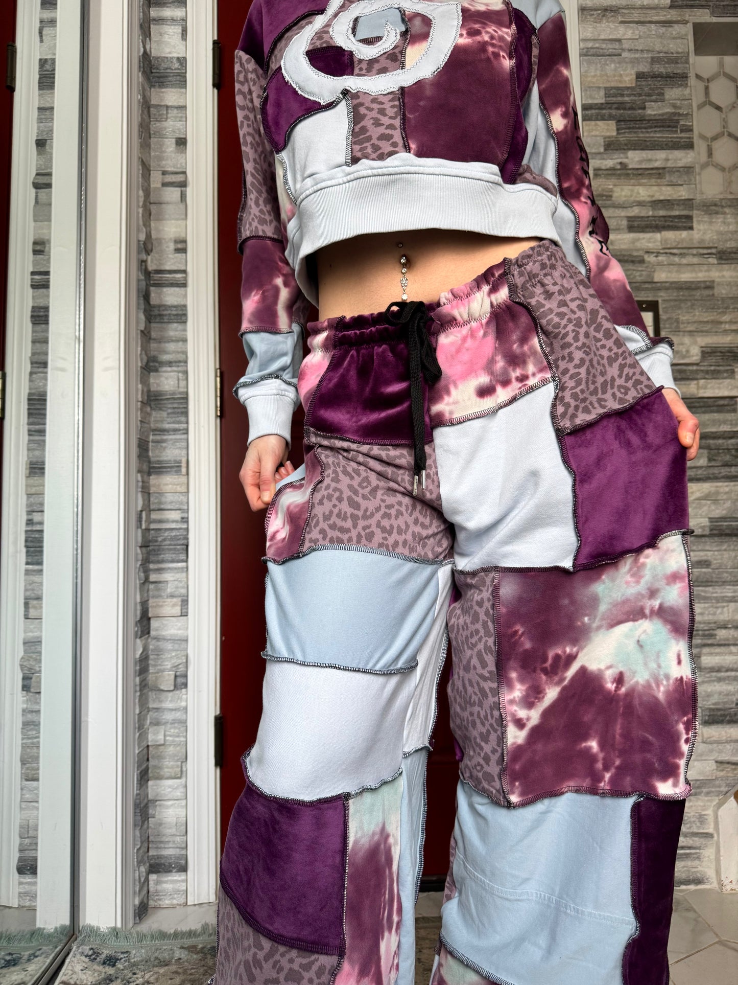 UPCYCLED SET - PATCHWORK CROP CREWNECK & PANTS SET