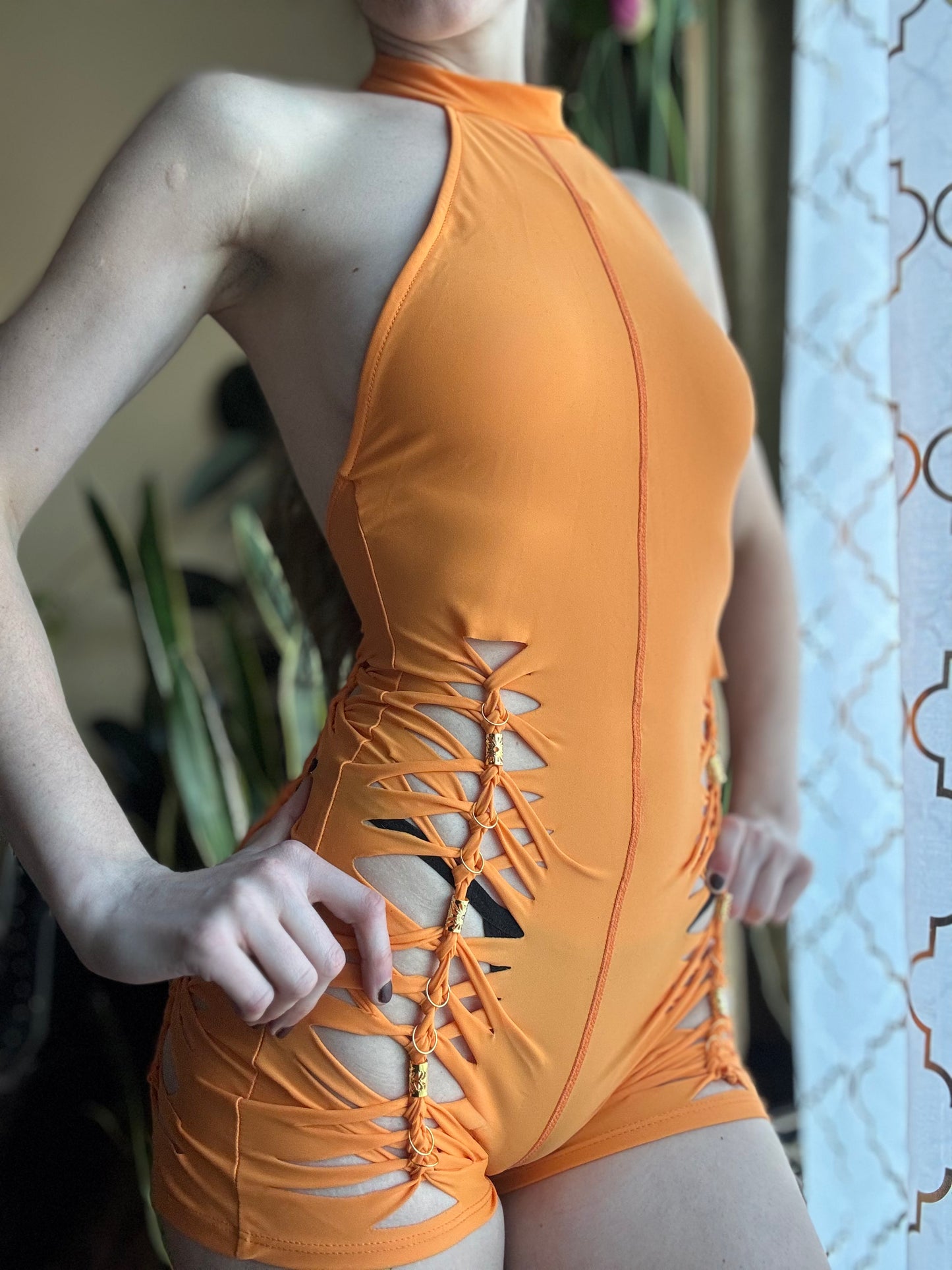 ORANGE MOCK NECK ROMPER