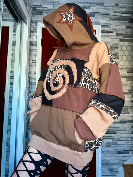 UPCYCLED LEOPARD PRINT PATCHWORK HOODIE