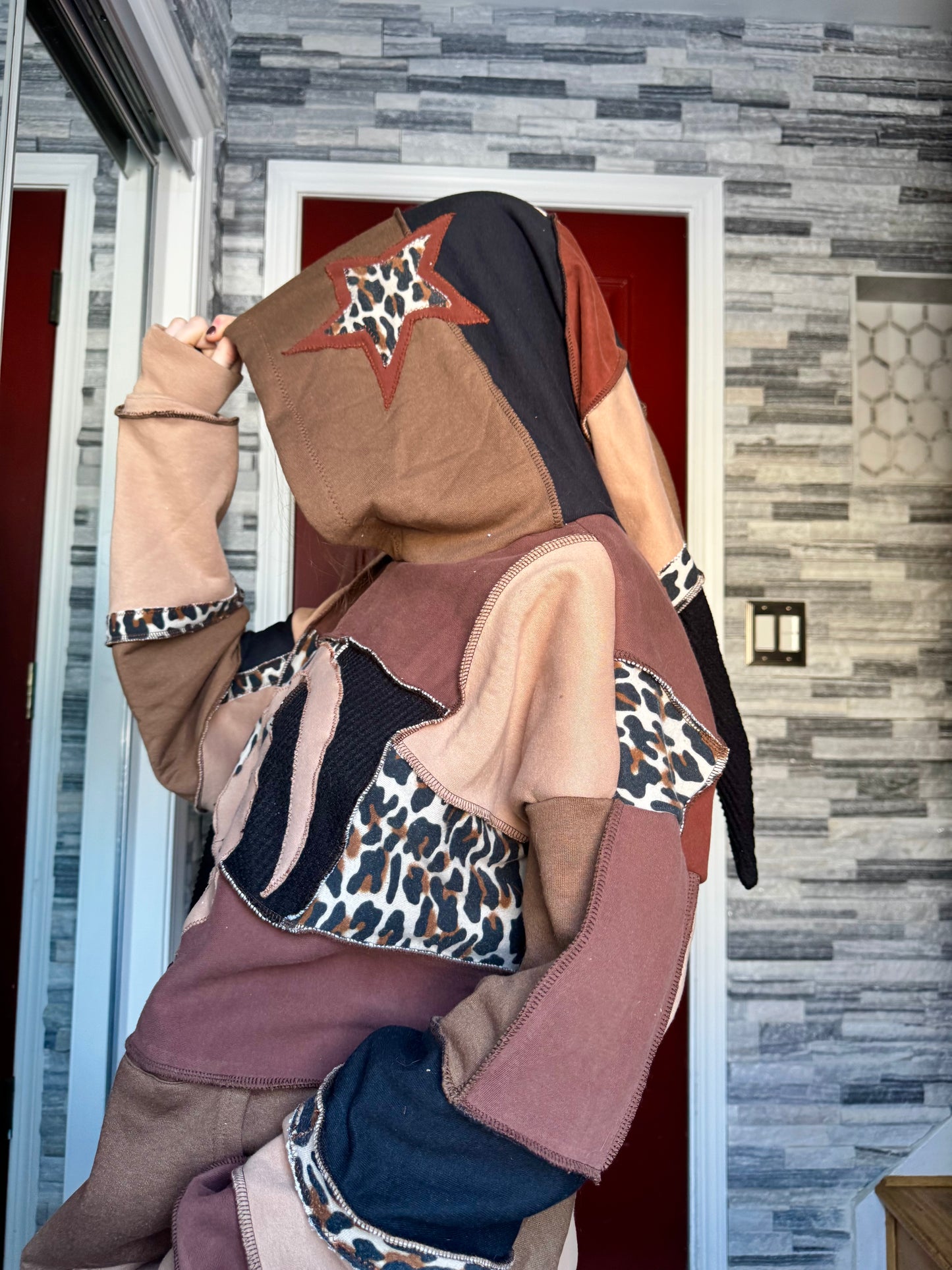 UPCYCLED LEOPARD PRINT PATCHWORK HOODIE