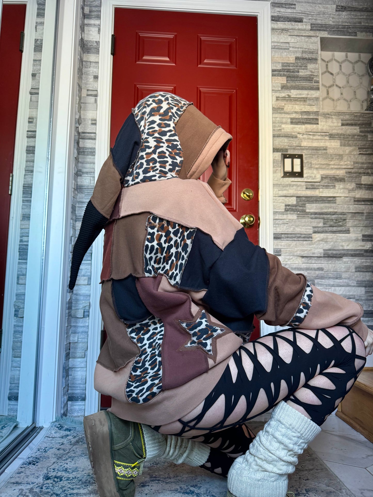 UPCYCLED LEOPARD PRINT PATCHWORK HOODIE