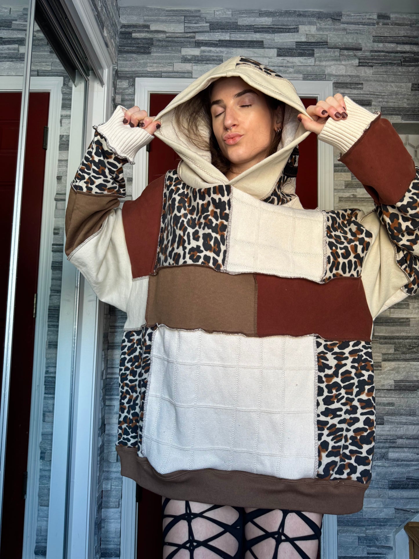 UPCYCLED LEOPARD PATCHWORK HOODIE
