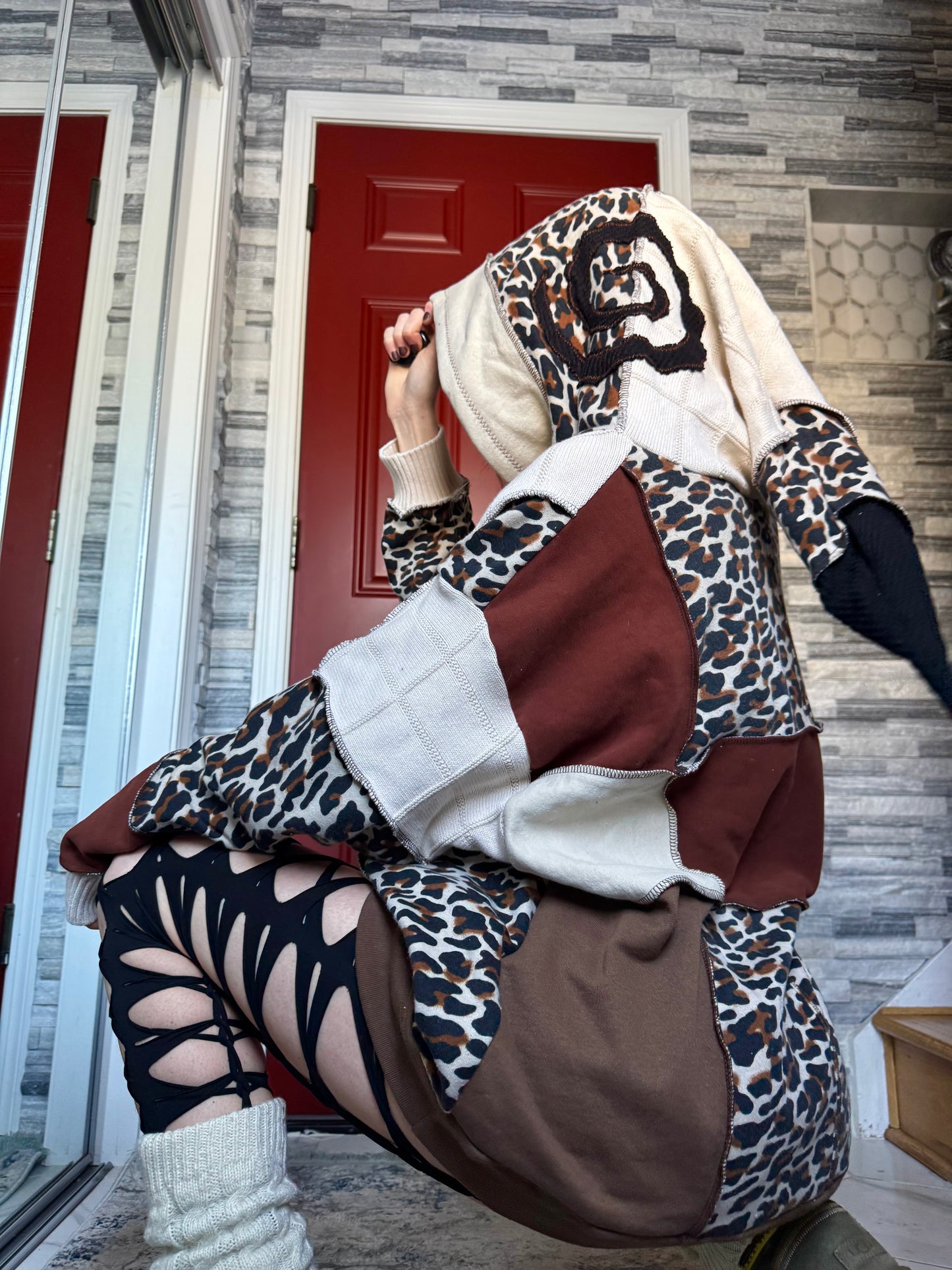 UPCYCLED LEOPARD PATCHWORK HOODIE