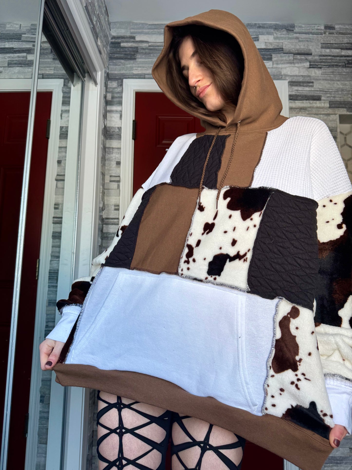 UPCYCLED COW PRINT PATCHWORK HOODIE