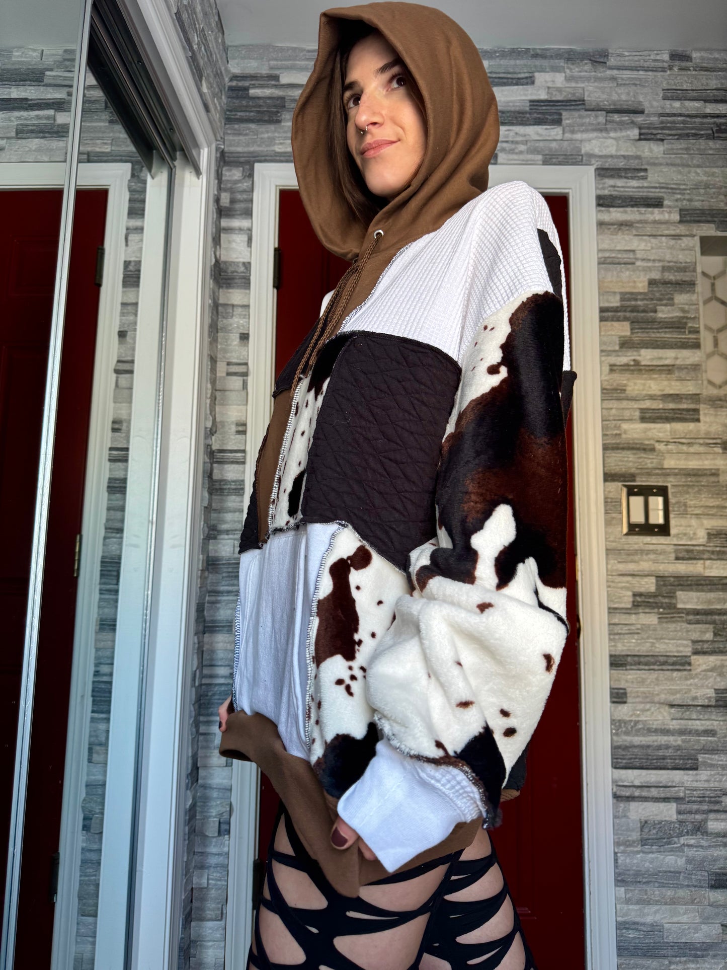 UPCYCLED COW PRINT PATCHWORK HOODIE