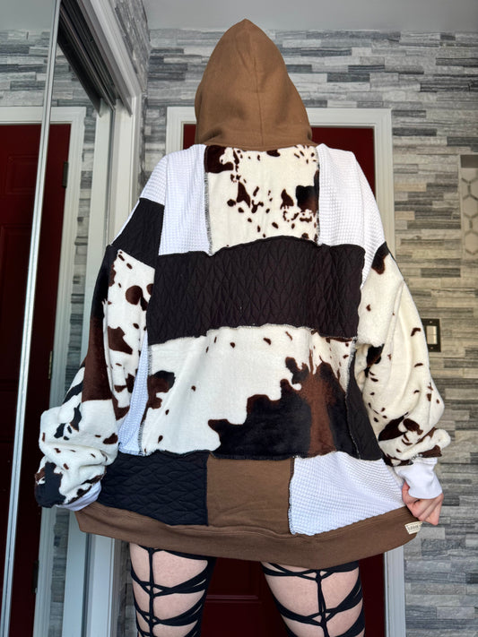 UPCYCLED COW PRINT PATCHWORK HOODIE