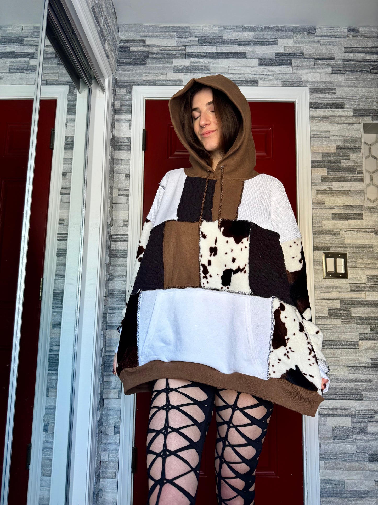 UPCYCLED COW PRINT PATCHWORK HOODIE