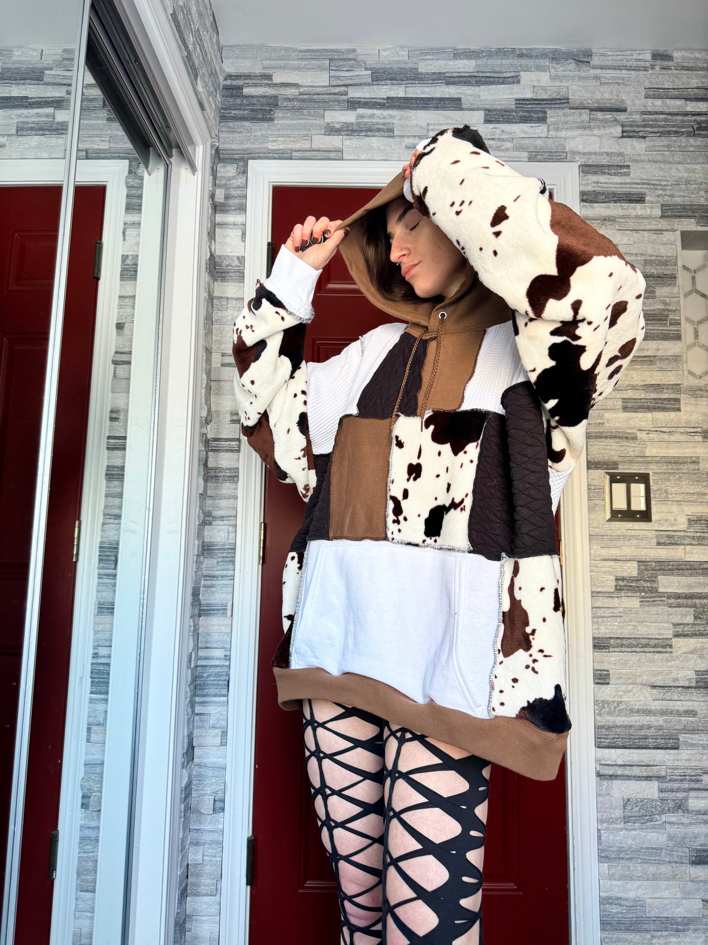 UPCYCLED COW PRINT PATCHWORK HOODIE