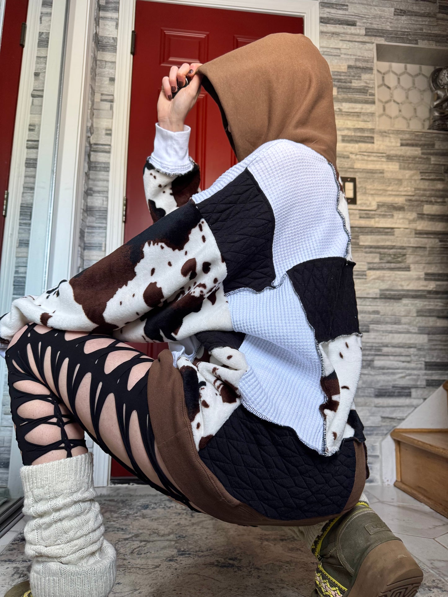 UPCYCLED COW PRINT PATCHWORK HOODIE