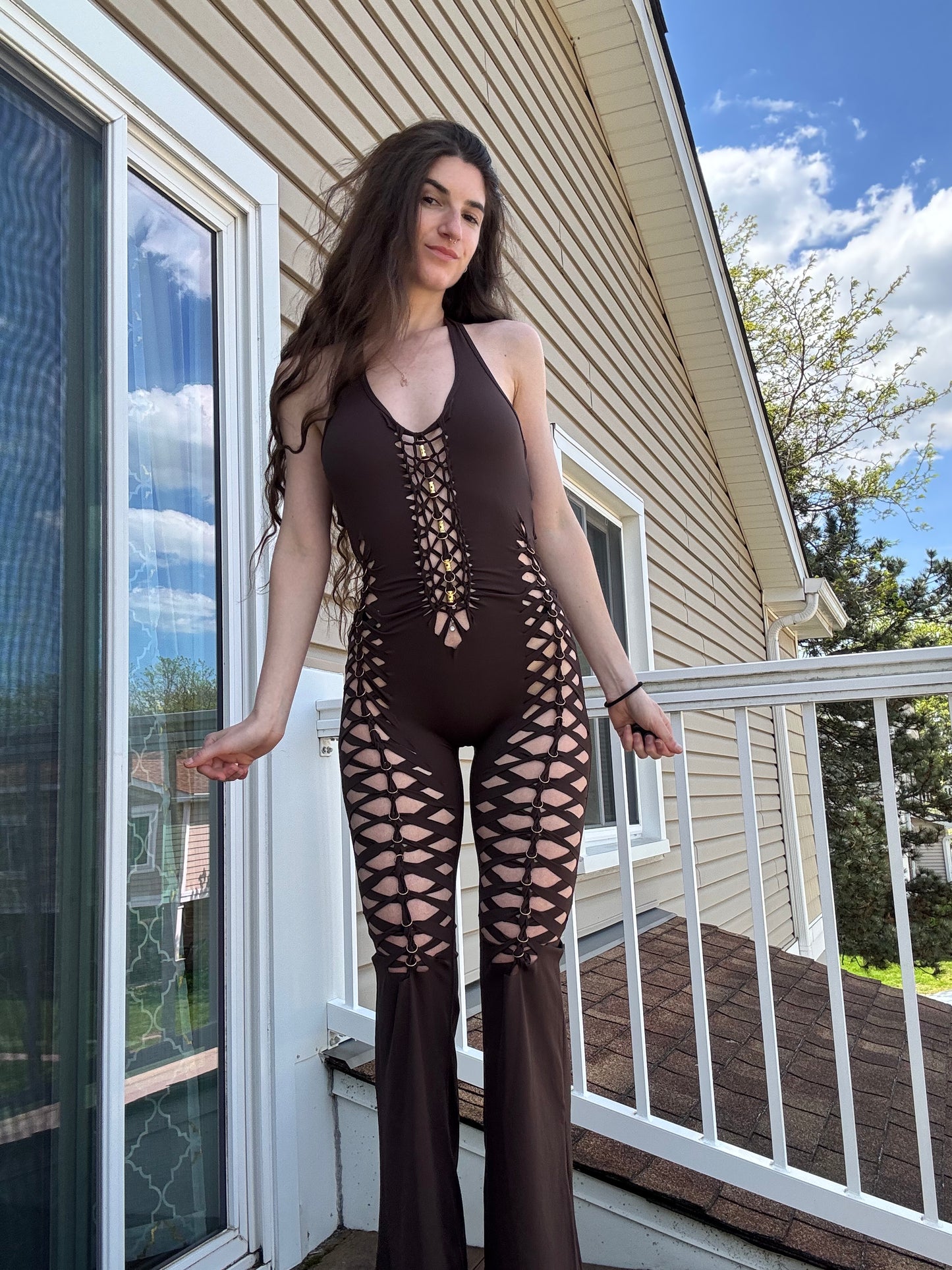DARK BROWN BRAIDED FLARE JUMPSUIT - HALTER JUMPSUIT