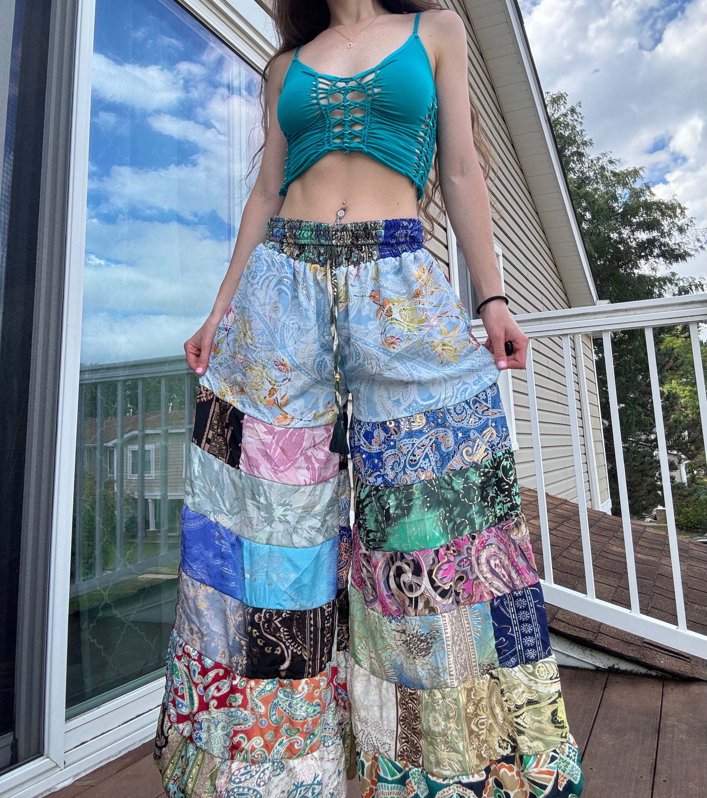 LIGHT BLUE FLORAL WIDE LEG BOHO PANTS