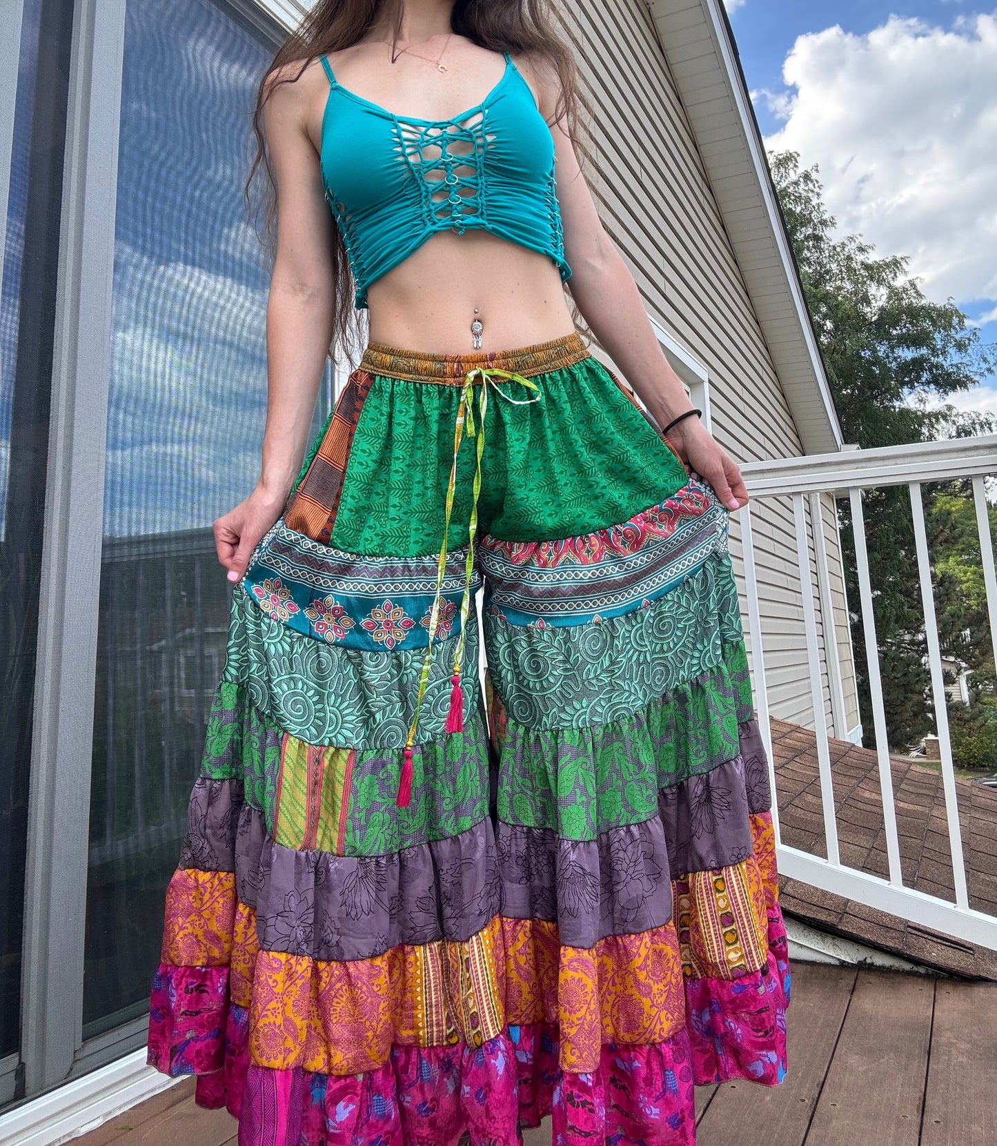 GREEN TONES FUNKY WIDE LEG BOHO PANTS