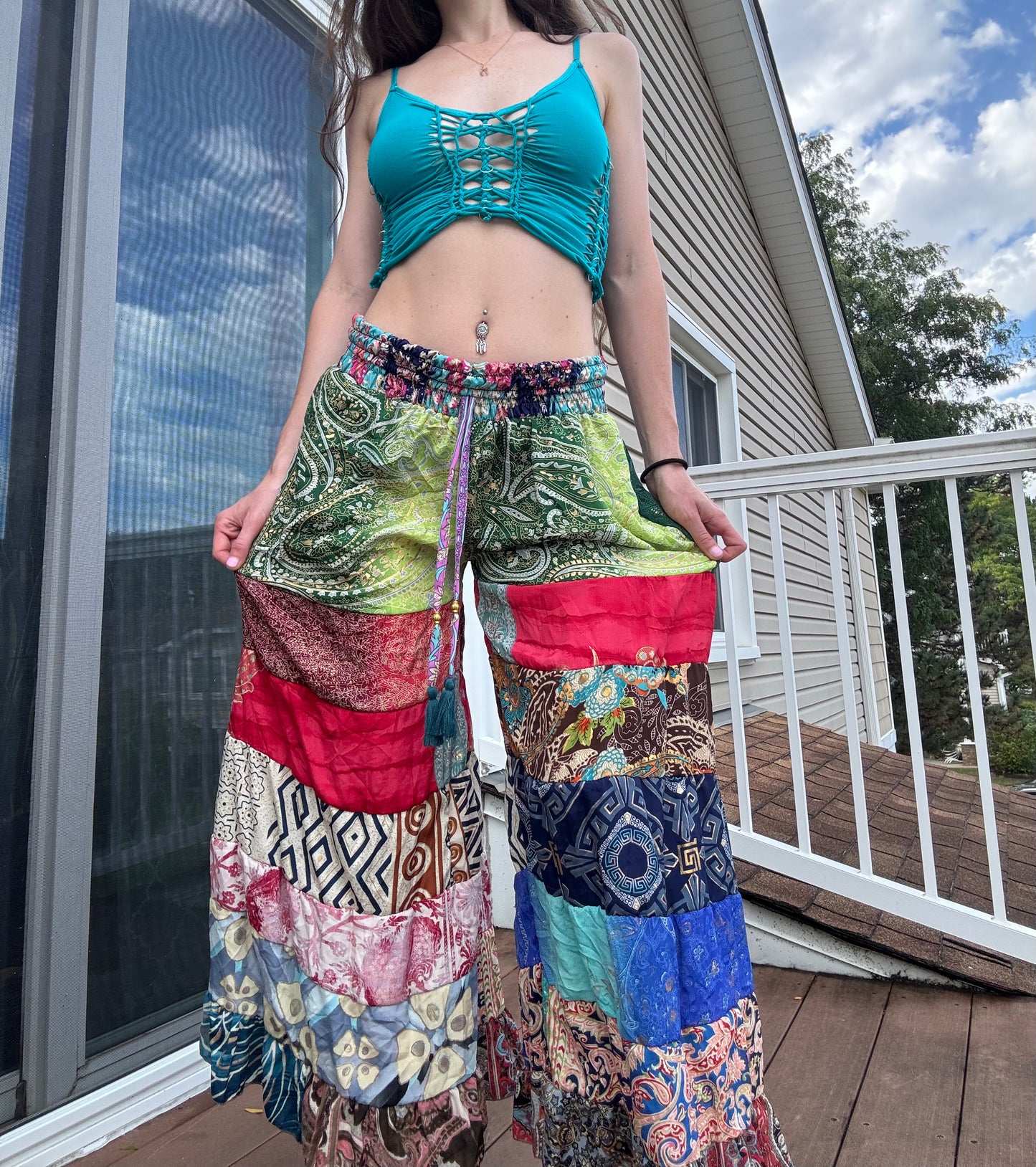 GREEN PAISLEY TONES FUNKY WIDE LEG BOHO PANTS