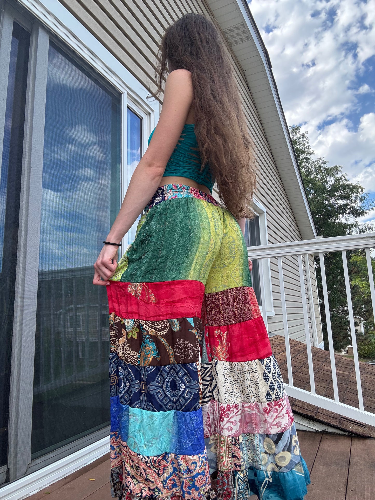 GREEN PAISLEY TONES FUNKY WIDE LEG BOHO PANTS