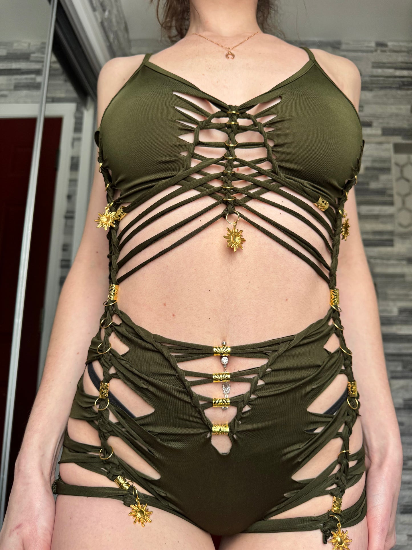 DARK OLIVE STRAPPY SLITWEAVE BRAIDED ROMPER